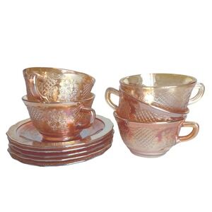 Jeanette Glass Marigold Carnival Glass Iris and Herringbone Cup Saucer Set 10pc